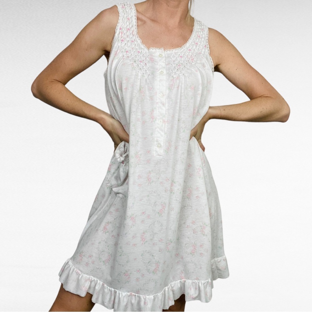 VINTAGE | Nicole White Pink Ditsy Florals Sleeveless Lace Ruffled Lounge Dress - Picture 3 of 10